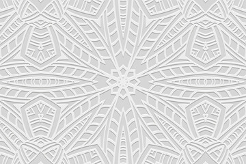 Embossed white background, tribal vintage cover design. Geometric ethnic 3D pattern. Handmade, doodling, ornaments. Cultural boho motifs of the East, Asia, India, Mexico, Aztec, Peru.