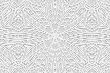Embossed white background, tribal vintage cover design. Geometric ethnic 3D pattern. Handmade, doodling, ornaments. Cultural boho motifs of the East, Asia, India, Mexico, Aztec, Peru.
