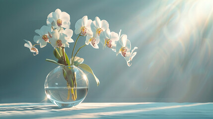 White Orchids in Glass Vase Sunlight Reflections on Teal Surface Serenity Concept