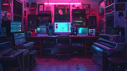 Home music studio with neon lights