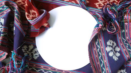 White round shape for text decorated with handmade woven fabric, colorful layout textured textile...
