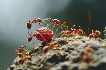 Red Ants Determined Battle against a Stubborn Raisin A Closeup Perspective
