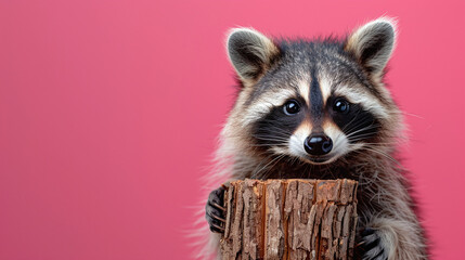 Raccoon Peeking Over Wood Log Pink Background Wildlife 