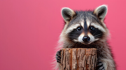 Obraz premium Raccoon Peeking Over Wood Log Pink Background Wildlife 