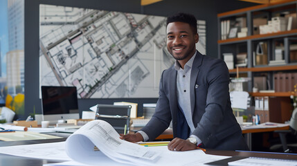 Professional African American Male Architect Smiling at Desk in Modern Office With Blueprints and Urban Planning Maps, Copy Space - Powered by Adobe