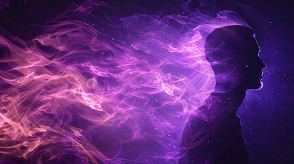 Silhouette of Man with Flowing Purple and Pink Smoke in Dark Background Representing Creativity and Imagination