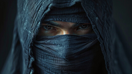Intense gaze from man with eyes visible through blue fabric head wrap against dark shadowed background