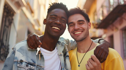 Diverse gay couple holding house keys together, with copy space Stock Photo photography