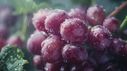 A close-up view of a cluster of fresh grapes covered in sparkling water droplets, emphasizing their...
