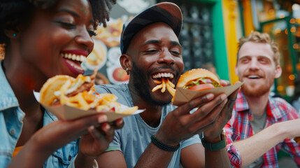 Diverse people having fun eating takeaway food outdoor in the city - Focus on queer gay man face Stock Photo photography