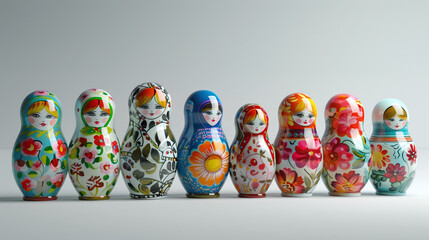 Variety of Russian Matryoshka Nesting Dolls with Floral Patterns White Background
