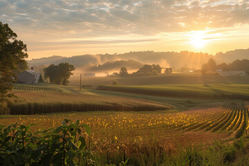 Fototapeta premium Dawn Over the Farmland: A Serene Sunrise. The sun rises over a tranquil farm landscape, bathing the fields in a soft, golden light.