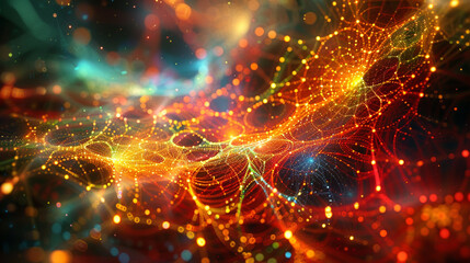 Fototapeta premium A digital universe where nodes are linked by radiant, colorful strands forming an intricate web.