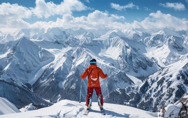 Fototapeta na wymiar An avid skier stands at the summit, overlooking the expanse of the alpine range, as the clear sky reflects in the visor of his helmet, signaling readiness for the descent.