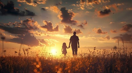 Fototapeta premium silhouette father with little daughter walk at sunset. father's day background concept
