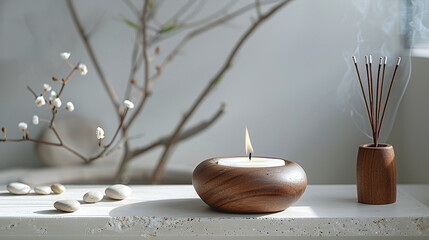 Lit Candle and Incense Sticks in Wooden Holders with Pebbles and Flowering Branch on White Surface