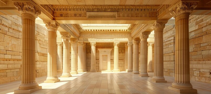 Greek grand temple interior with pillars. Landmark ancient religion building architecture. Generative AI technology.	
