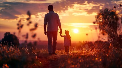 Fototapeta premium silhouette father with little daughter walk at sunset. father's day background concept