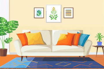 cozy sofa with colorful pillows in a bright living room inviting digital illustration