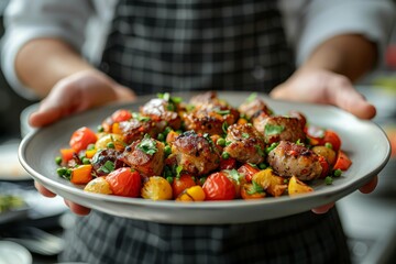 A chef in a checkered apron presents a plate of BBQ chicken and vegetables, a scene ideal for culinary arts or cooking classes