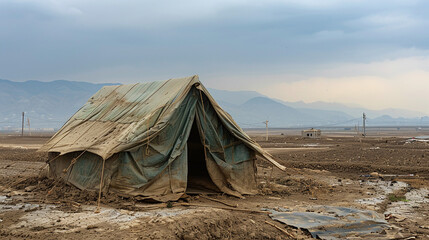 Weathered Green Tent in Muddy Field with Distant Mountains and Overcast Sky