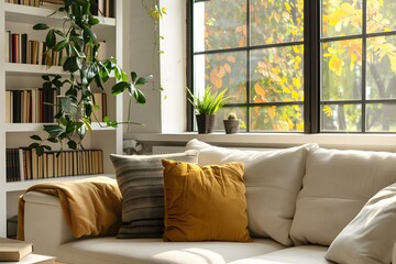 Modern Living Room with Sofa, pillow, and Book Shelf and plant beside it. interior design idea, calm and cozy for reading book