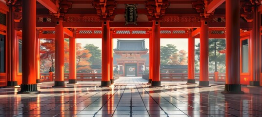 Grand Japanese Shinto temple interior with column. Landmark religion building architecture. Generative AI technology.	
 - obrazy, fototapety, plakaty