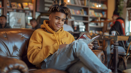 Obraz premium Smiling Young African American Man Reading a Book in the Cozy Corner of a Busy Cafe