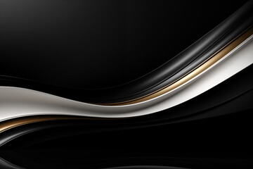 Abstract black and white wavy background with gold lines.