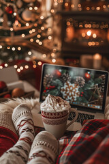 aesthetic Christmas scene with feet wearing cozy socks, holding onto the edge of a sofa in front of a laptop showing blank screen, a coffee mug filled to the top and covered with whipped cream 