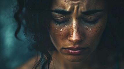Close up Emotional Portrait of Young Woman Crying Tears of Sadness with Dark Blue Background