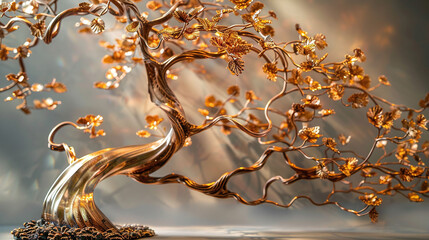 Elegant Golden Tree Sculpture with Twisted Branches and Blossoms on Grey Background