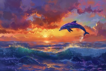 dolphin leaping gracefully over sea at vibrant sunset ocean waves colorful sky digital painting