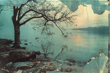 Ethereal lakeside scene with a silhouette of gnarled tree at dusk