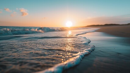 Fototapeta premium Panoramic beach landscape golden sunset sky on the beach .Vacation travel holiday summer mood 