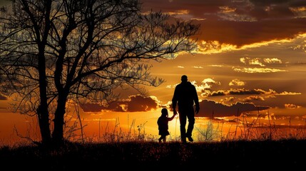 Fototapeta premium silhouette father with little daughter walk at sunset. father's day background concept