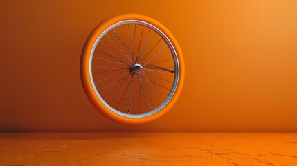a bicycle wheel in an orange room with a yellow wall