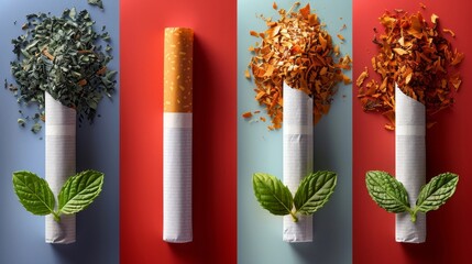a group of cigarettes with leaves and a cigarette lighter