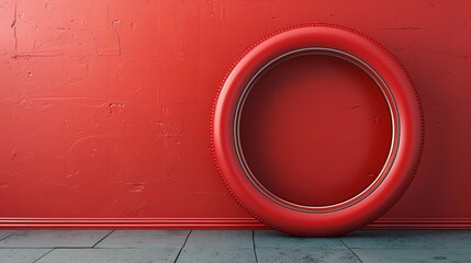 a red wall with a tire tire leaning against it