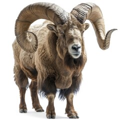 a ram with large horns standing on a white surface