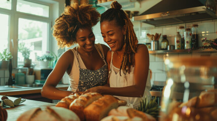 Female and female or LGBT couples are happily cooking bread together in the home kitchen. Stock Photo photography