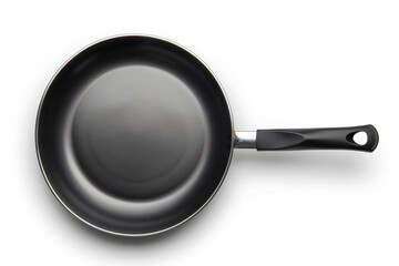 a black frying pan with a handle on a white surface