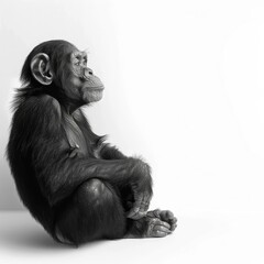a black and white photo of a chimpanzee sitting on the floor