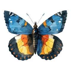 a butterfly with blue and yellow wings on a white background