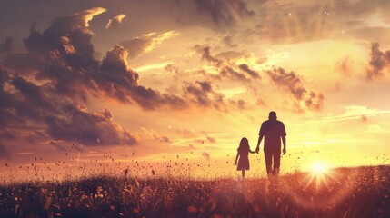 silhouette father with little daughter walk at sunset. father's day background concept