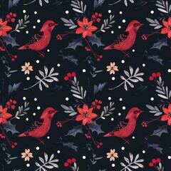 A festive pattern of crimson cardinals perched among holly and berries