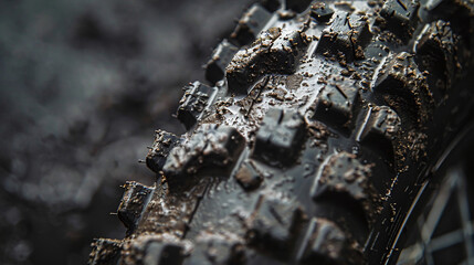 Close Up View of Muddy Mountain Bike Tire Against Dark Wet Background