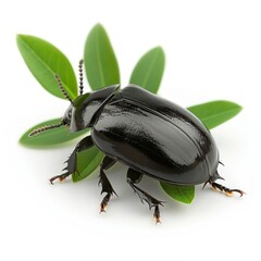 a black beetle sitting on a green leaf