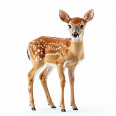 a young fawn standing in front of a white background