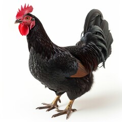 a black rooster with a red comb standing on a white background